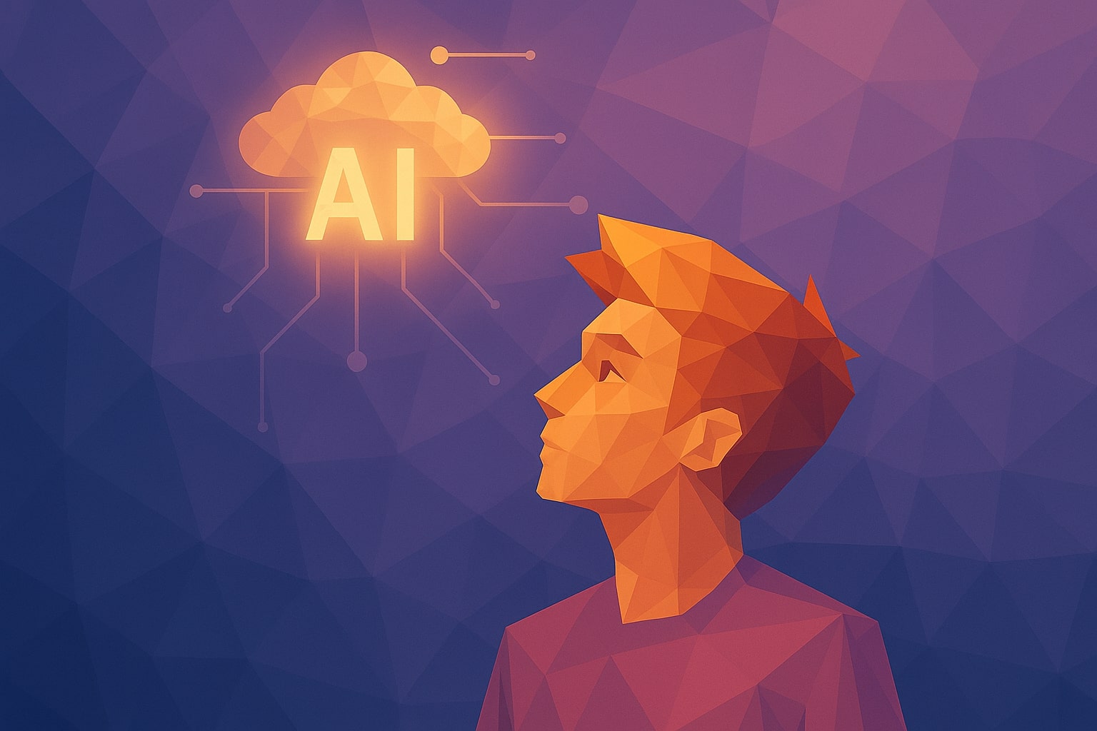 Polygonal illustration of a man looking up at an AI cloud