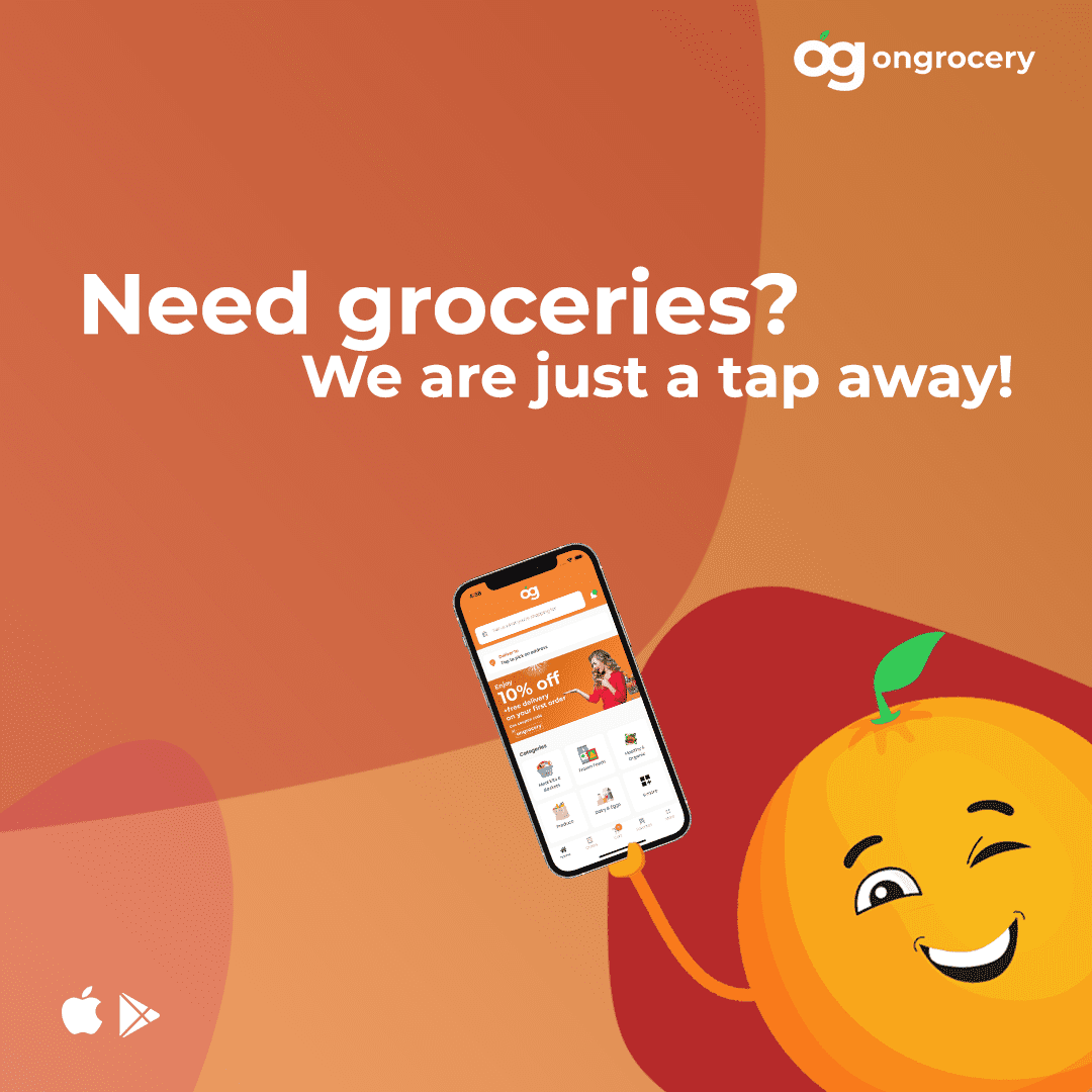 Ongrocery app on phone with orange illustration