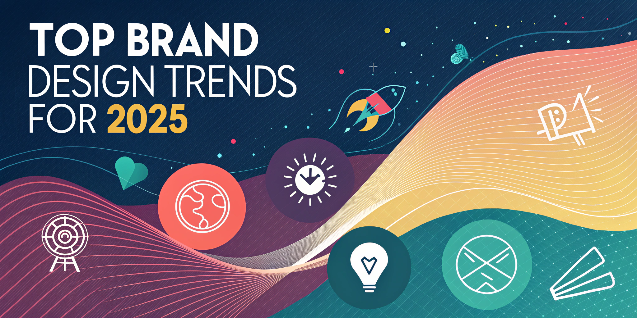 Brand Design Trends 2025 Graphic with text 'Top Brand Design Trends for 2025' and various design icons.